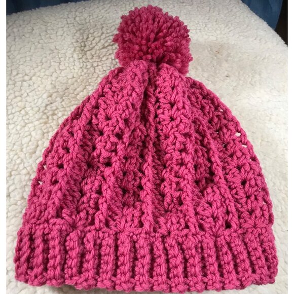Winter Hat w/PomPom Handmade Crocheted Deep Pink By Donna L.Fits Head 18-22" - Picture 4 of 4